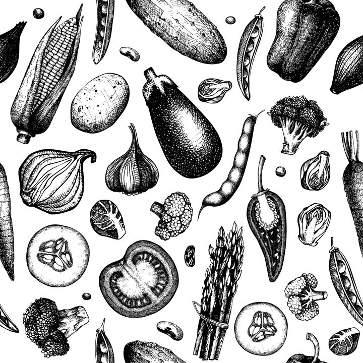 Vegetables seamless pattern. Healthy food background. Vegetarian food design. Hand-drawn vector illustration. NOT AI generated